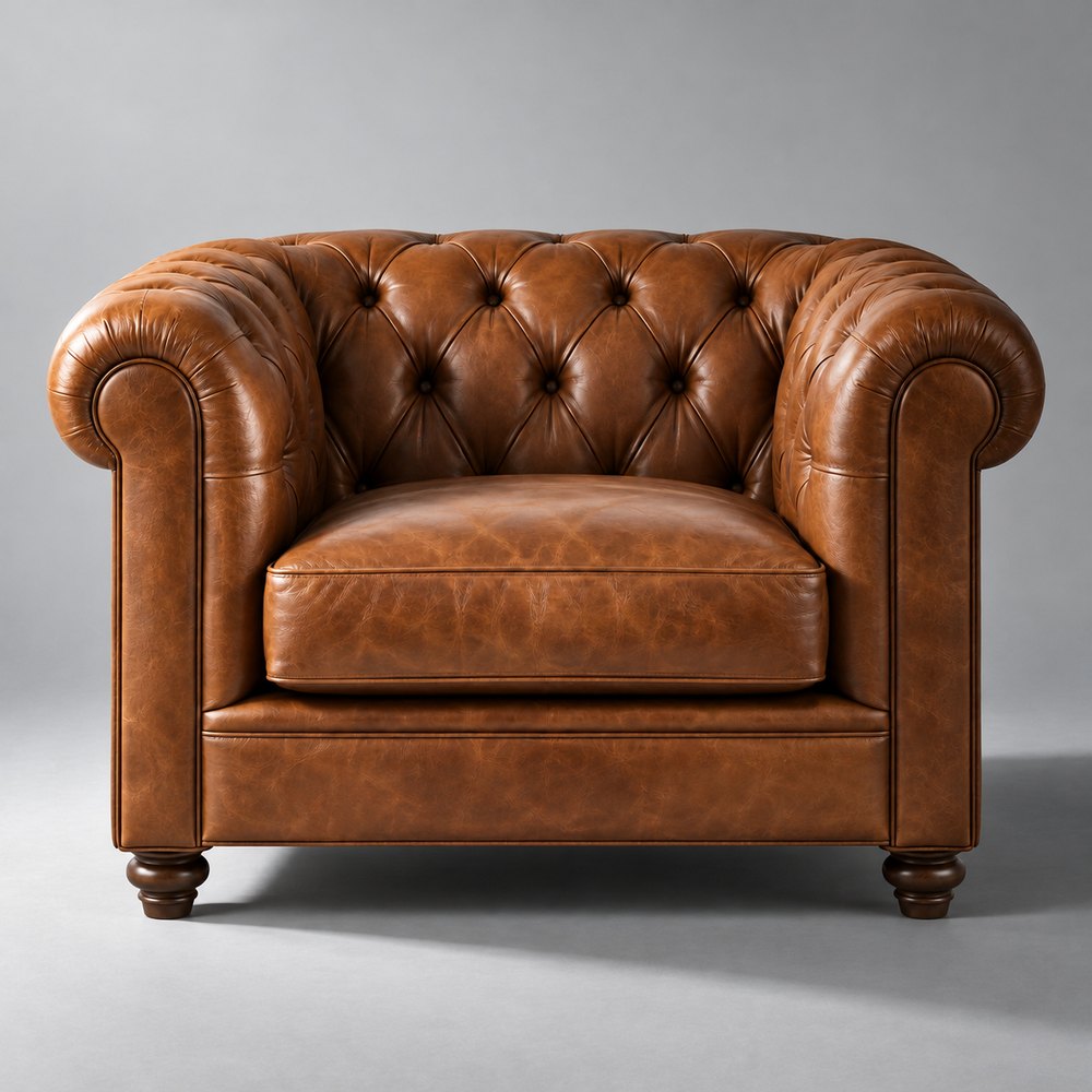 The same armchair with dramatic side light and a long shadow on grey
