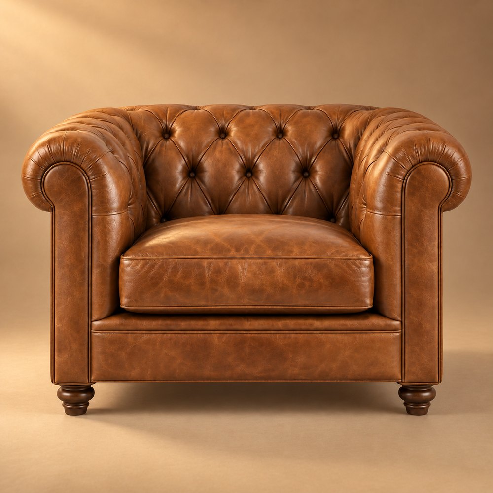 The same armchair in warm light on a synthetic studio backdrop